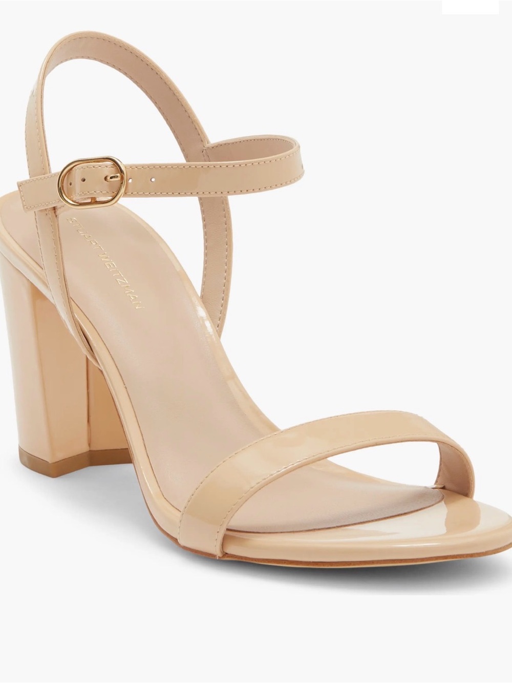 Stuart Weitzman Patent Nude Block (Dancer 75 Block Heel Sandal)
